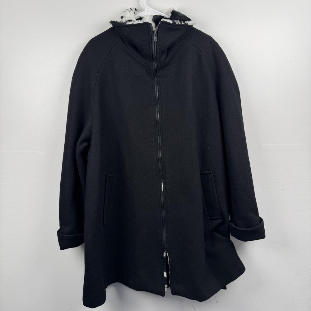 Komitor Coat Womens Large Black Wool Overcoat Zip Cow Print Faux Fur Collar USA